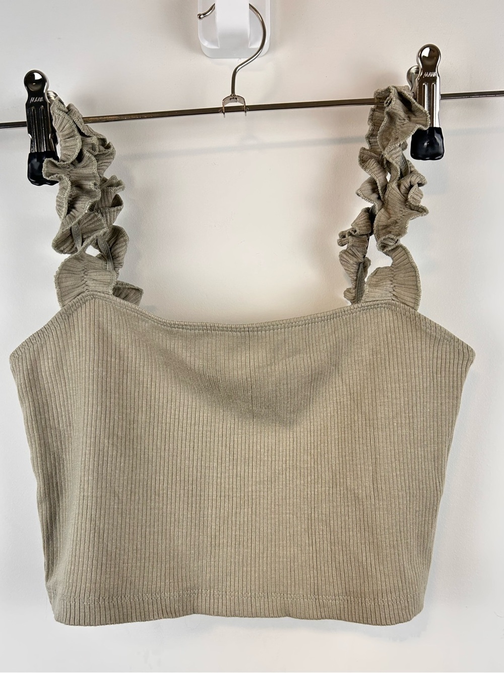 Sunday Best Ribbed Ruffle Strap Crop Top Olive Green Size Small
